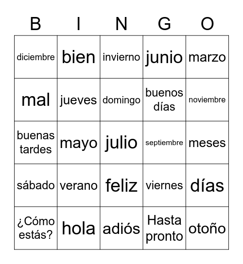 greetings, dias, meses Bingo Card
