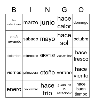 seasons, días,y meses Bingo Card
