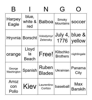 International Bingo Card