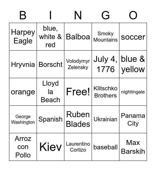 International Bingo Card