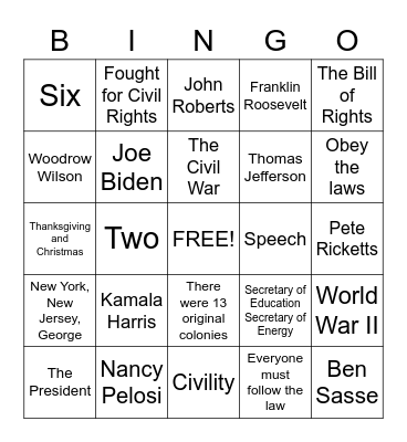 Citizenship Bingo Card