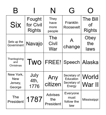 Citizenship Bingo Card