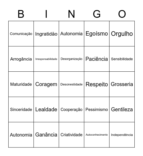 Bingo das qualidades e defeitos Bingo Card