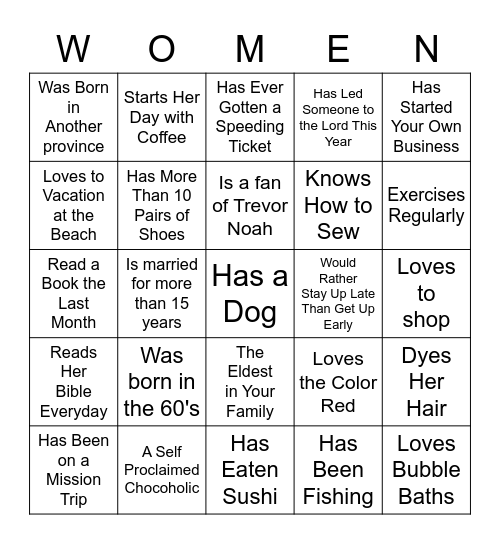 WOW Women's Ministry Bingo Card