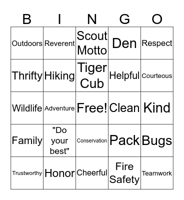 Cub Scout Bingo Card