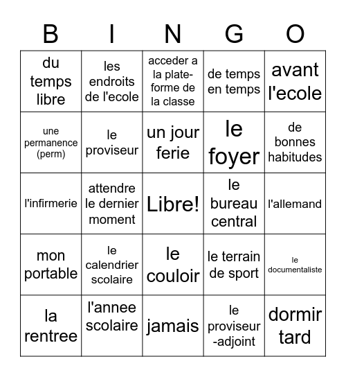 French 2 Chapter 1 Bingo Card