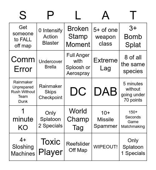 Splatoon 3 Solo Quests Bingo Card