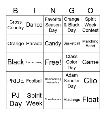 2022 Homecoming Week Bingo Card