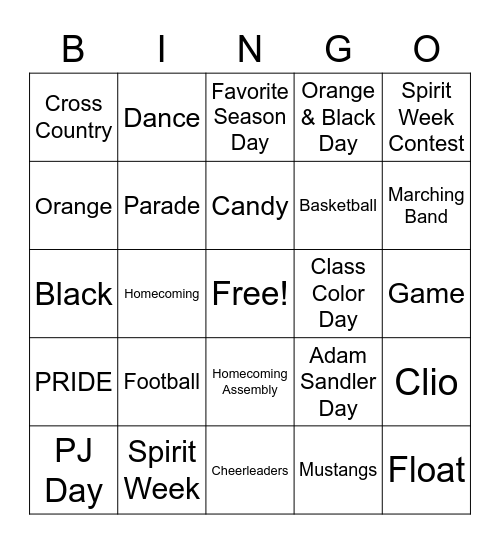2022 Homecoming Week Bingo Card