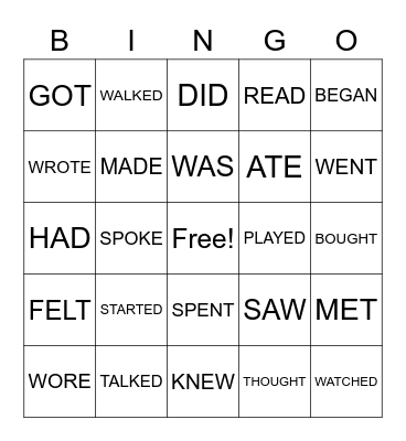 SIMPLE PAST VERBS Bingo Card