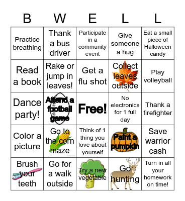 October 2022 Student Wellness Challenge Bingo Card