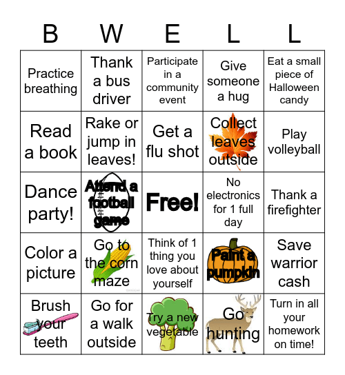 October 2022 Student Wellness Challenge Bingo Card