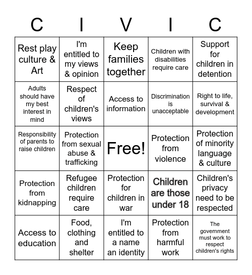 United Nations Rights of the Child Bingo Card