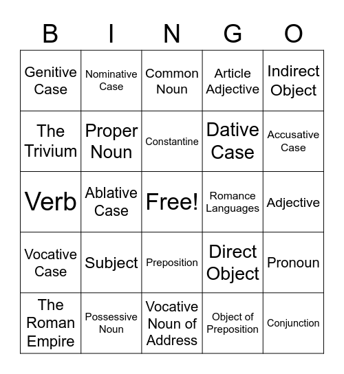 Grammar Bingo Card