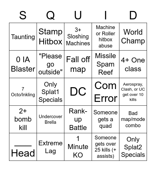 Splatoon 3 Anarchy Series Bingo Card