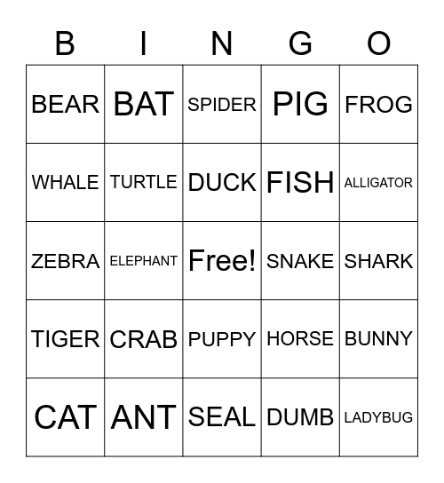 ANIMAL Bingo Card