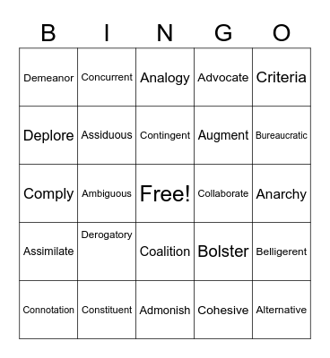 Vocabulary Review Bingo Card