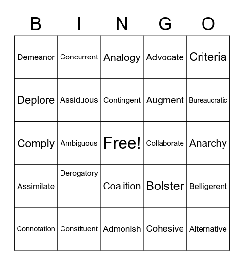 Vocabulary Review Bingo Card