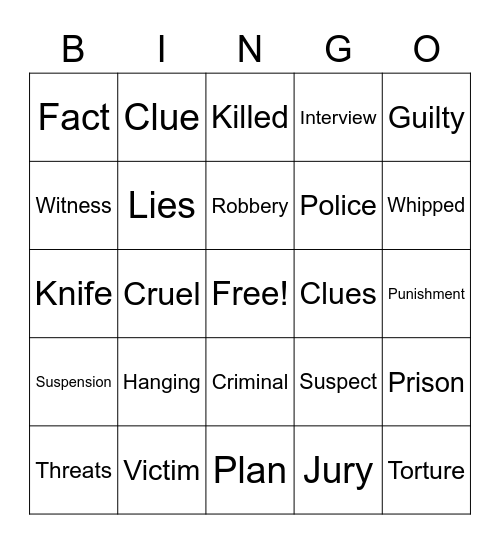 Murder Mystery Bingo Card