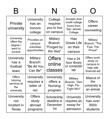 College and Career Fair Bingo Card