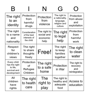 Convention on the Rights of the Child Bingo Card