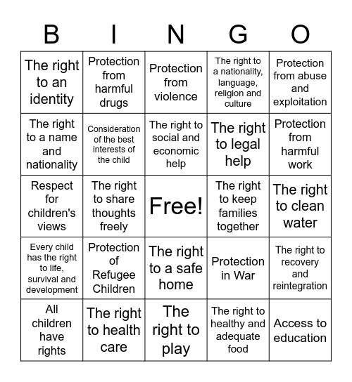 Convention on the Rights of the Child Bingo Card