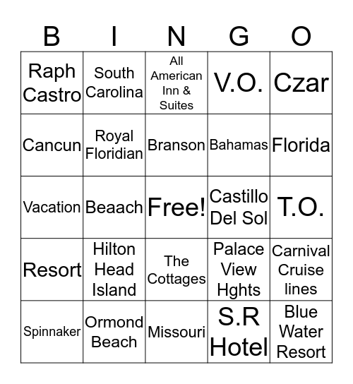 Spinnaker Resorts Bingo Card