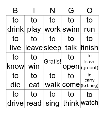 Present Tense Verbs Bingo Card