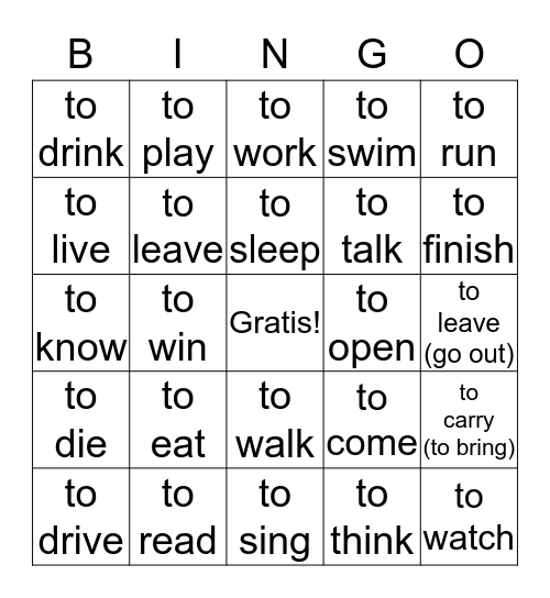 Present Tense Verbs Bingo Card