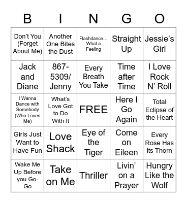 80s Music Bingo Card