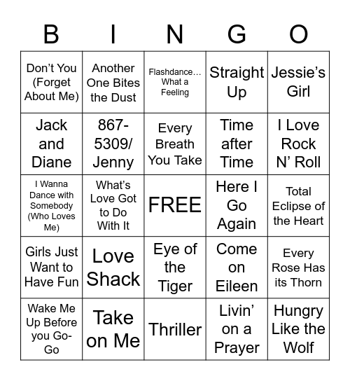 80s Music Bingo Card