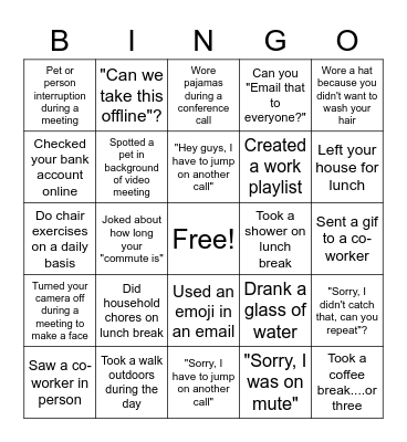 Remote Work Bingo Card