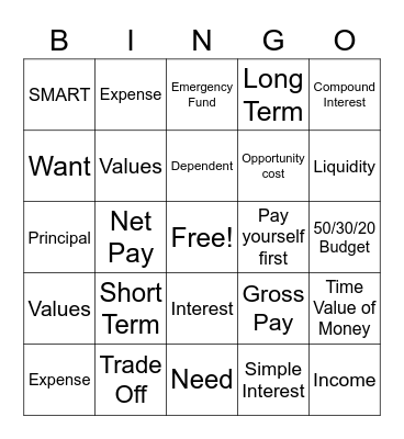 Personal Finance Bingo Card