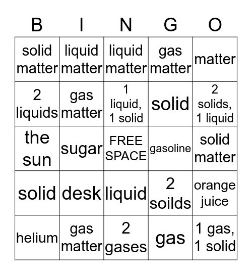 Solids, Liquids & Gases BINGO Card