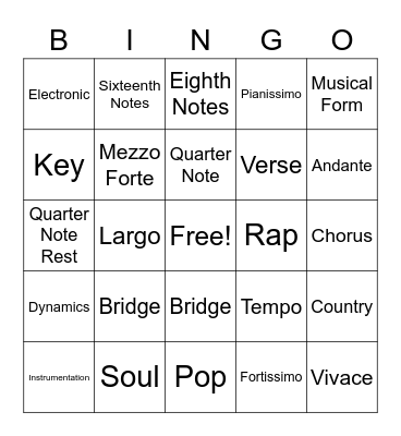 Musical Bingo Card