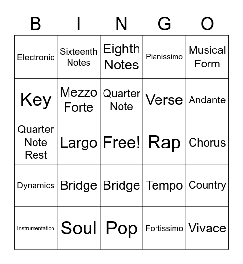 Musical Bingo Card