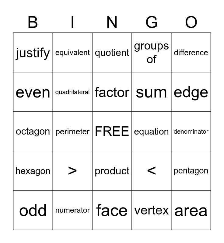 3rd Math Vocabulary Bingo Card