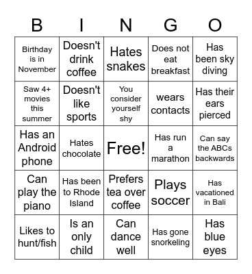 Get to know you Bingo Card