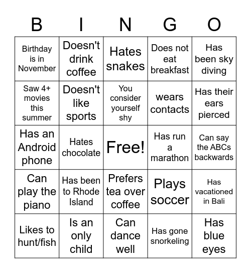 Get to know you Bingo Card