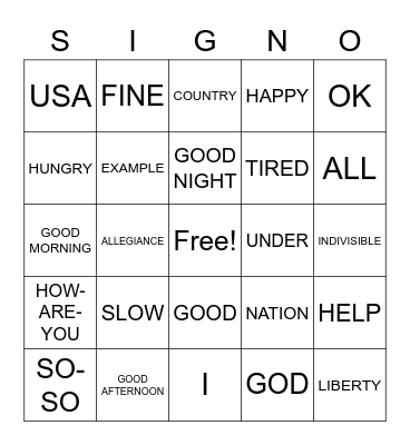 Pledge/Survival Signs Signo Bingo Card
