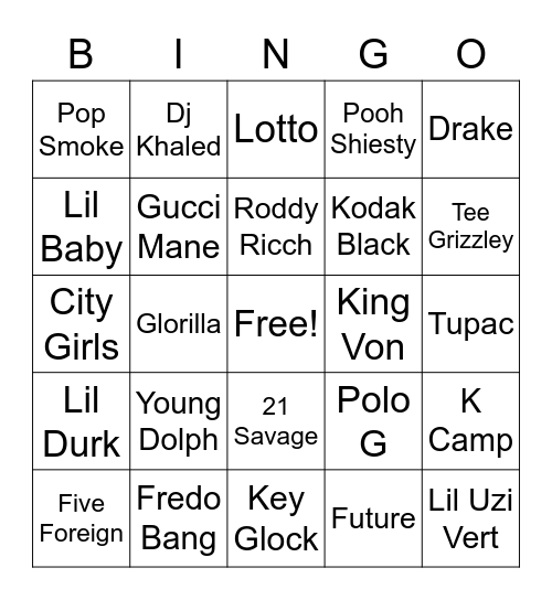 Trap Hits Bingo Card