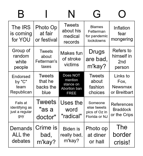 Dr. Oz Twitter Bingo - Drinking Optional Bingo Card