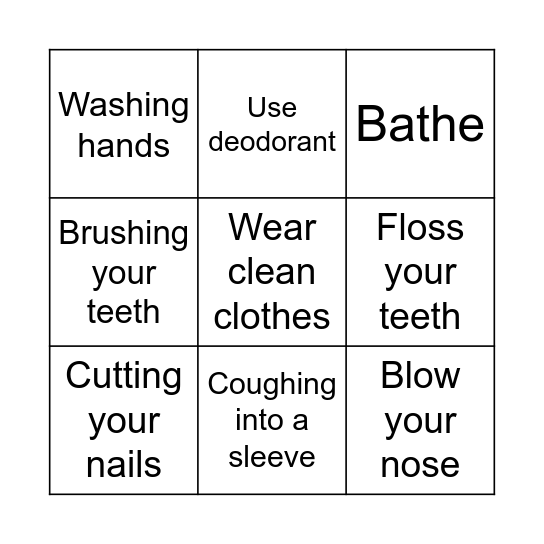 Personal Hygiene Bingo Card