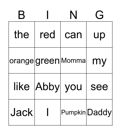 Snap words Bingo Card
