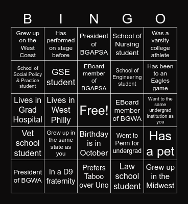 Welcome Back Bingo Card