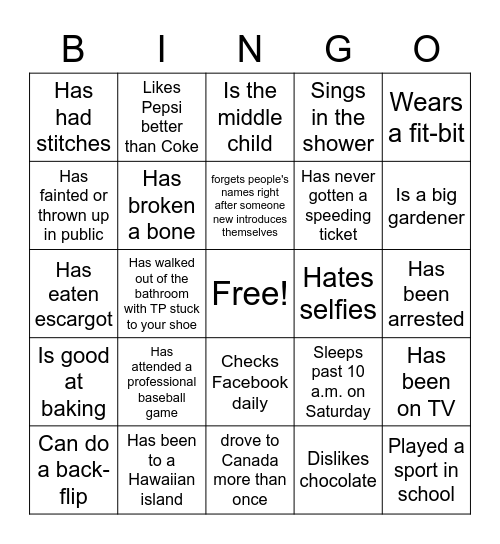 Get to know you bingo Card