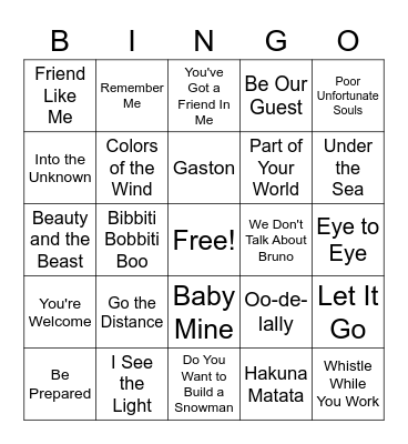 Disney Songs Bingo Card