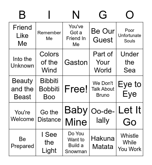 Disney Songs Bingo Card