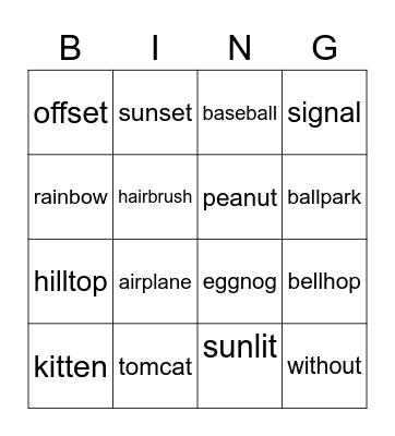 compound words Bingo Card