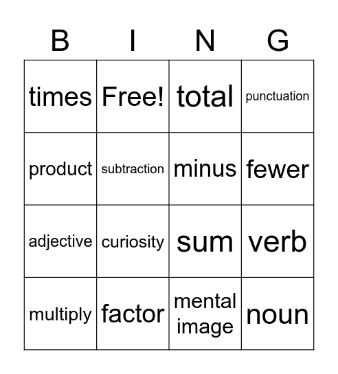 vocabulary Bingo Card